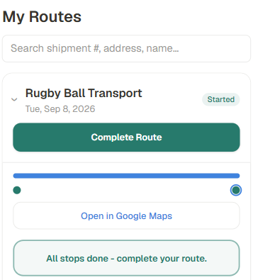 Every stop done: the app confirms it and offers Complete Route.