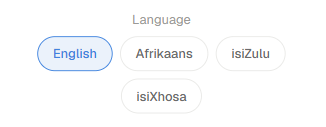 The driver app's language picker, offering English, Afrikaans, isiZulu and isiXhosa.